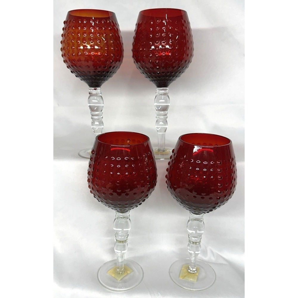 Ruby‎ Red Bubble Glass-Goblet-Wine-Brandy Snifter-Pedestal Stem-Set of 4